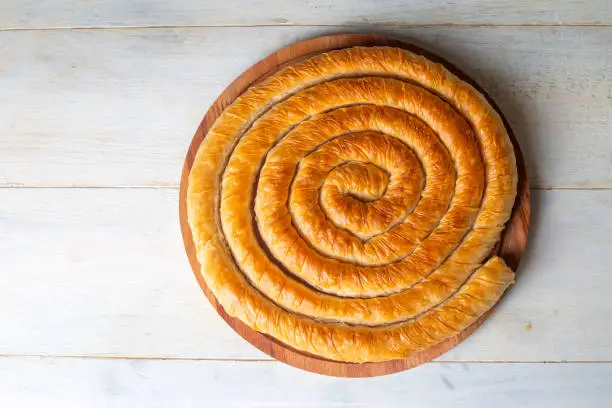 Turkish Tepsi Boregi, Round Borek, Tray pastry (Turkish name; rulo borek)