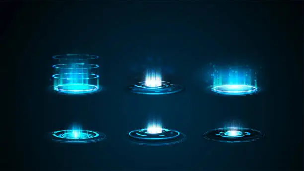 Vector illustration of Set of blue digital hologram portals in cylindrical shape with shiny swirl rings on dark background for your arts