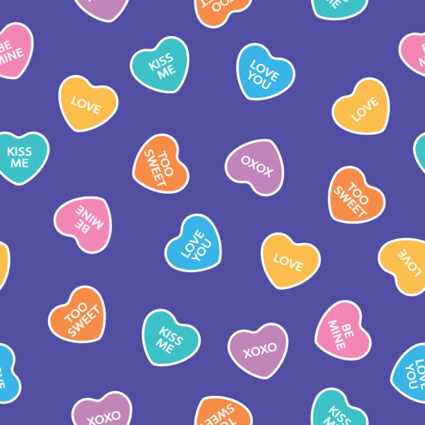 ilustraciones, imágenes clip art, dibujos animados e iconos de stock de flat colorful candy hearts patrón sin costuras - candy heart candy valentines day heart shape