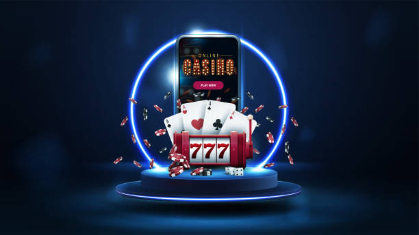 istock Blue podium floating in the air with blue neon ring, smartphone, red slot machine, poker chips and playing cards in dark scene 1365682573