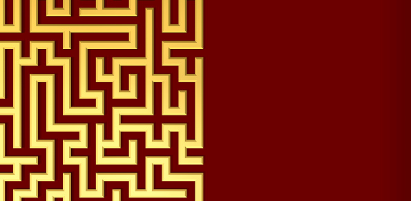 3d illustration. Golden labyrinth on a red background.