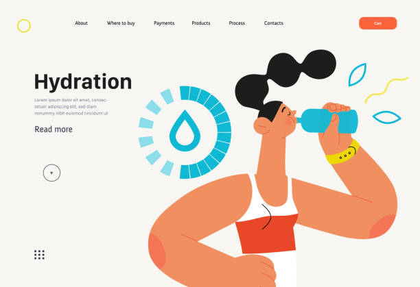 Runner - hydration, a young woman drinking water, website template Runner, hydration, website template. Flat vector concept illustration of a young woman wearing athletic shirt, drinking water. Countdown with a drop. Healthy activity and lifestyle. thirst quenching stock illustrations