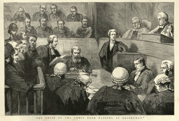 ilustrações de stock, clip art, desenhos animados e ícones de trial of the lewis deer raiders at edinburgh, victorian courtroom justice, judge, 19th century - lawsuit