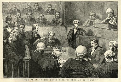 Vintage illustration of Trial of the Lewis Deer Raiders at Edinburgh, Victorian courtroom justice, Judge, 19th Century