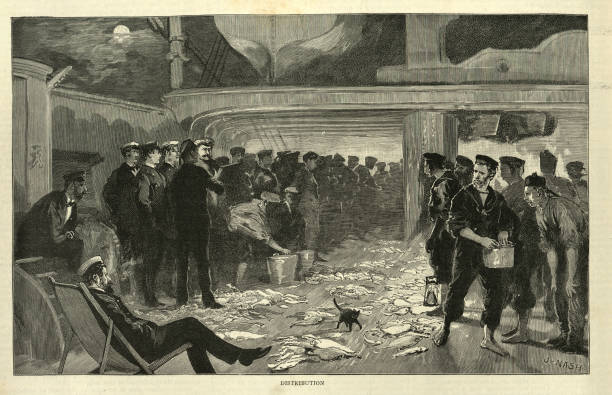 Vintage illustration of Ships cat walking among piles of fish on deck, with the China Squadron, Royal Navy, Saghalien, 1888, 19th Century