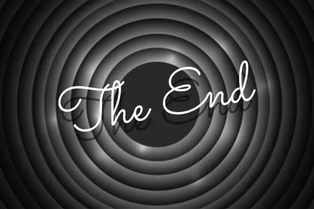 Vector illustration of The End handwrite title on black and white round background. Old cinema movie circle ending screen. Vector noir promotion poster design template illustration