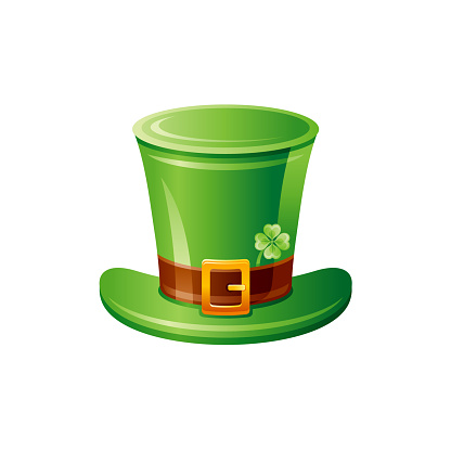 Leprechaun hat. Vector St Patrick day icon. Irish green leprechaun hat with clover leaf. Happy Saint Patrick day. Cartoon Ireland illustration isolated on white background. Lucky magic vector