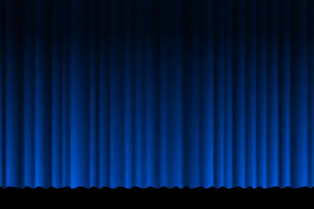 Vector illustration of Closed silky luxury blue curtain stage background. Theatrical fabric drapes. Vector gradient illustration