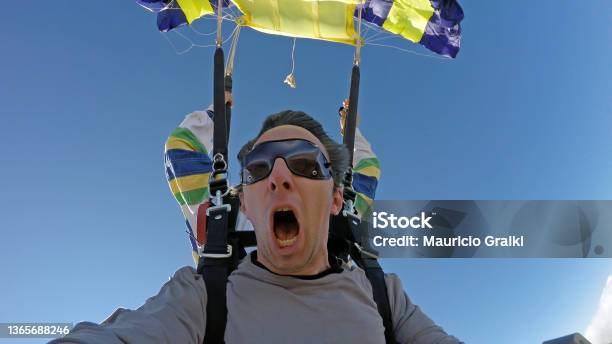 Sky Diving Selfie Tandem Jump Stock Photo - Download Image Now - Skydiving, Parachuting, Parachute