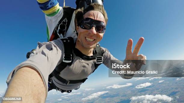 Sky Diving Selfie Tandem Jump Stock Photo - Download Image Now - Human Face, Parachute, Diving to the Ground