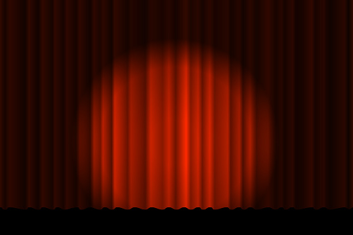 Closed luxury red curtain with many shadow. Spotlight beam illuminated stage textile background. Theatrical velvet fabric drapes opening ceremony. Vector gradient eps illustration