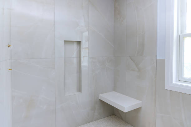 istock Designer renovation construction bathroom with bath tub shower 1365689153