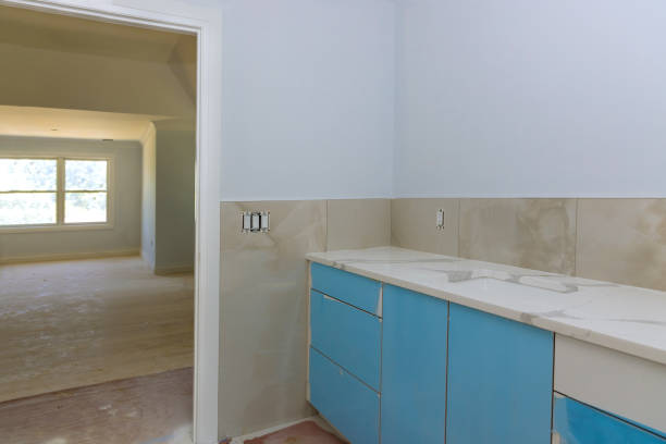 istock Bathroom with marble sink and shower curtain. 1365689164