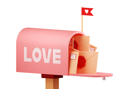 Mailbox. 3d render, isolate. Beautiful image of a mailbox with the inscription love. Happy Valentine's Day. Illustration in cartoon style. I love you. A gift for a loved one for Valentine's Day.