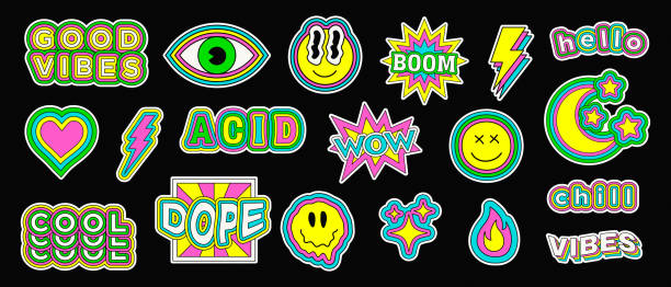 Acid Stickers Collection. Cool Trendy Smile Rave Patches. Set of Colorful Abstract Hipster Pins. Acid Stickers Collection. Cool Trendy Smile Rave Patches. Set of Colorful Abstract Hipster Pins. fool moon stock illustrations