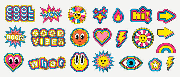 ilustrações de stock, clip art, desenhos animados e ícones de cool trendy retro stickers collection. set of funny character emoticons. pop art elements. - felicidade ilustrações