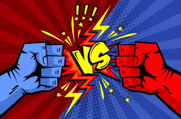 Vector illustration of comic blue fist vs red fist
