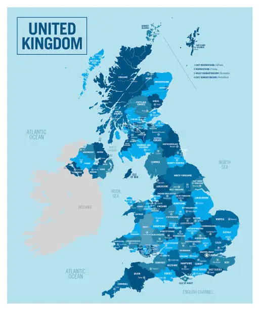 Vector illustration of United Kingdom country, region political map. High detailed vector illustration with isolated provinces, departments, regions, counties, cities and states easy to ungroup.