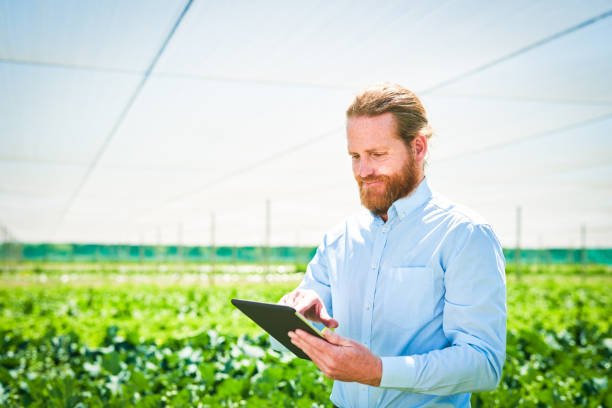 istock Shot of a young man using a digital tablet while working on a farm 1365693882