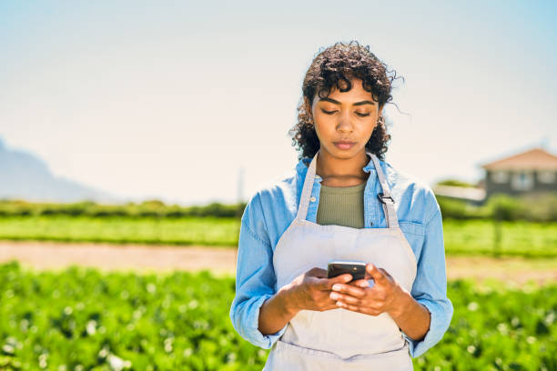 istock Shot of a young woman using a cellphone while working on a farm 1365693908