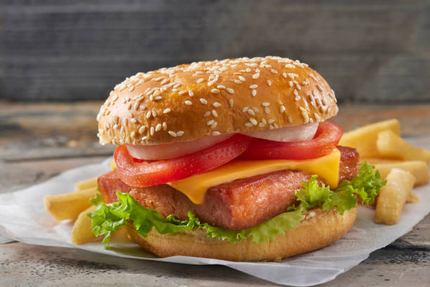Grilled Spam Burger with Fries