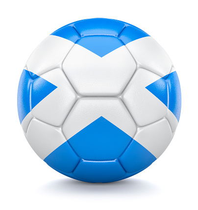 Leather Soccer Ball with Flag of Scotland isolated on white background. 3D Illustration