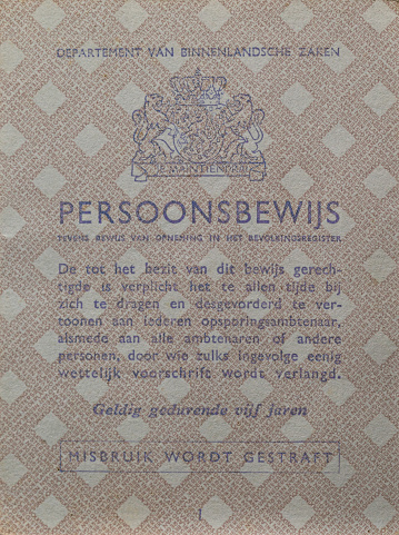 Front of an expired, obsolete Dutch ID / passport, issued during WW2, in november 1941