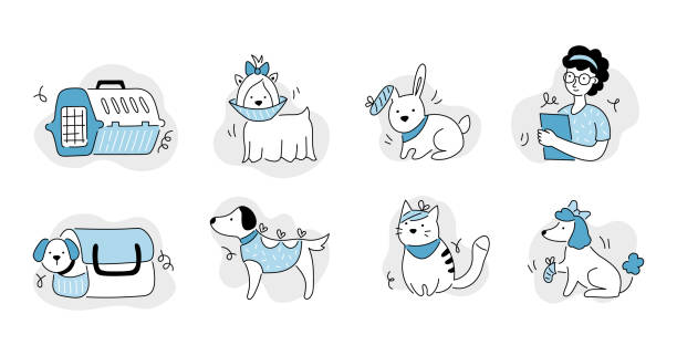 illustrations, cliparts, dessins animés et icônes de jeu d’icônes de ligne de clinique vétérinaire pour animaux de compagnie - vet dog puppy illness