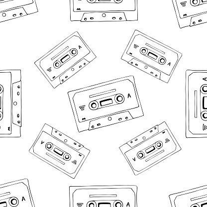 Hand drawn cassette and mixtape seamless pattern, black and white cartoon doodle background for music technology or audio equipment concept.