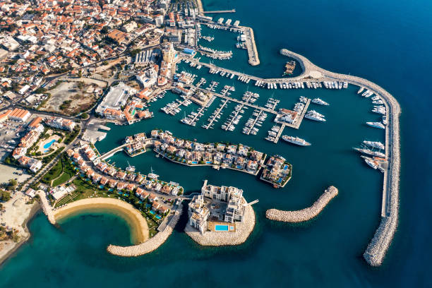 Aerial view of Limassol marina in Cyprus. Aerial view of Limassol marina in Cyprus. City port for yachts and boats limassol stock pictures, royalty-free photos & images