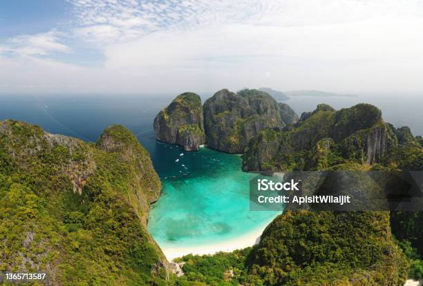 Aerial View Maya Bay Popular Landmark In Phuket Thailand Stock Photo - Download Image Now