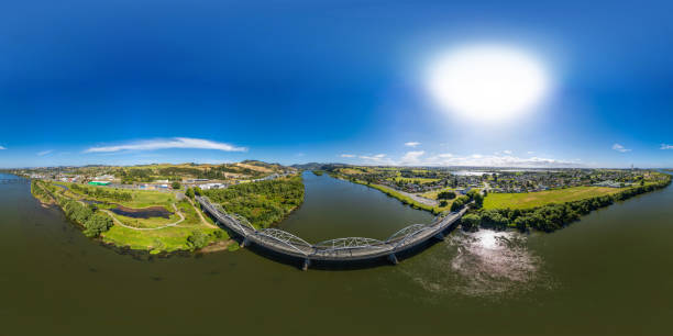 Spherical (360 degree) Equirectangular Panorama of Huntly in the Waikato Region of New Zealand Aerial drone captured 360x180 degree panorama of the small town of Huntly in Waikato, North Island, New Zealand (Aotearoa) waikato river stock pictures, royalty-free photos & images