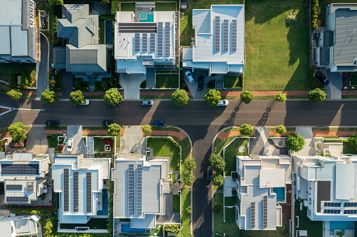 Aerial neighbourhood view of modern prestige homes in suburban Sydney, Australia.