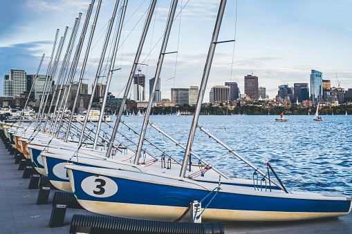 Docked sailing boats on a Charles River with view of Boston skyscrapers