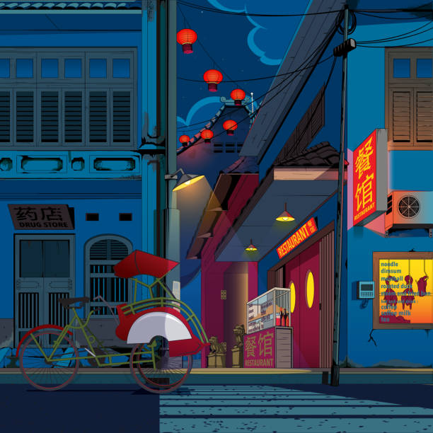 illustrations, cliparts, dessins animés et icônes de illustration traditionnelle du marché de chinatown la nuit - street city night alley