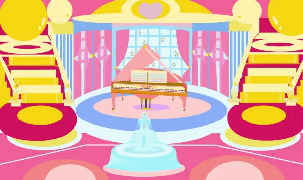 Vector illustration of Bright Sweet Pink Grand Piano in a Hall with Staircases Color Illustration 2022