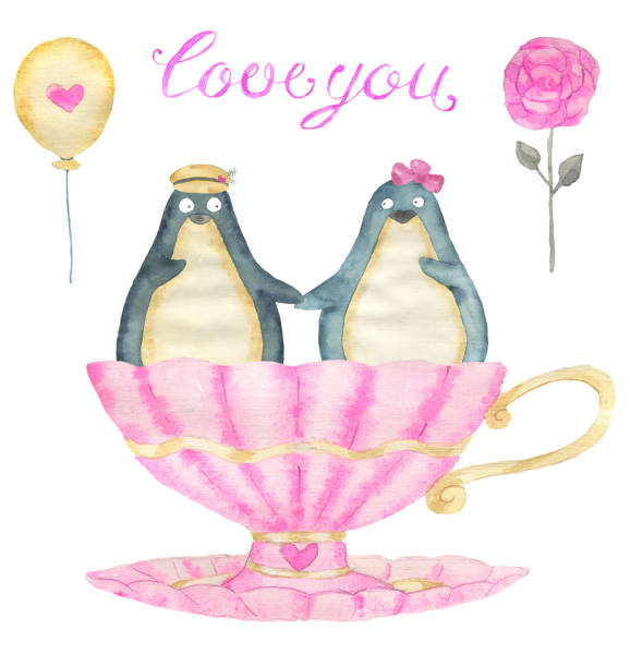 istock Greeting card design with adorable kawaii penguin bird sitting in vintage cup with heart, text and love symbols isolated on white background, concept for Valentine's Day holiday 1365736593