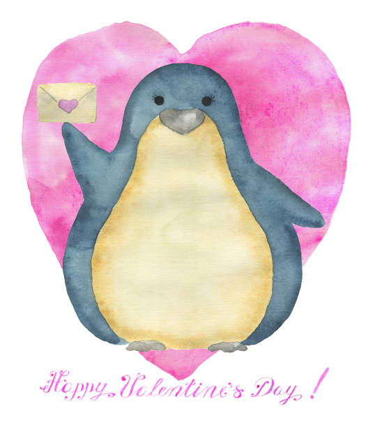 istock Greeting card design with adorable kawaii penguin bird with heart, text and love symbols isolated on white background, concept for Valentine's Day holiday 1365736765