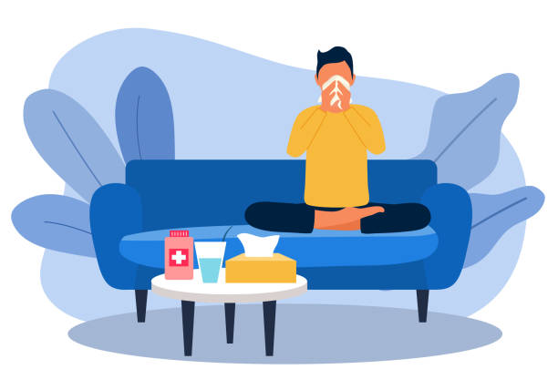 Flu or cold concept vector illustration. Sick man sitting on sofa and sneeze in handkerchief. Season allergy. Flu or cold concept vector illustration. Sick man sitting on sofa and sneeze in handkerchief. Season allergy. cold and flu stock illustrations