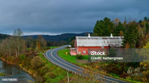 Barn In Rural Vermont Aerial Stock Photo - Download Image Now - Red Barn, 4K Resolution, Above