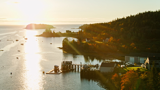 Aerial shot of the harbor of Cutler, a small town in Washington County, Maine at sunrise on a clear morning in Fall.