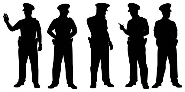 Set of standing policeman silhouette vector on white background Set of standing policeman silhouette vector on white background emergency first response stock illustrations