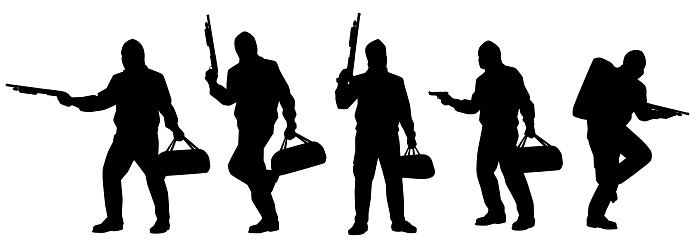 Robber with his gun weapon for rob the bank silhouette vector on white background. Danger man in public.
