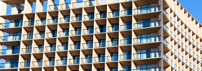 Close-up of modern housing apartments facade.
