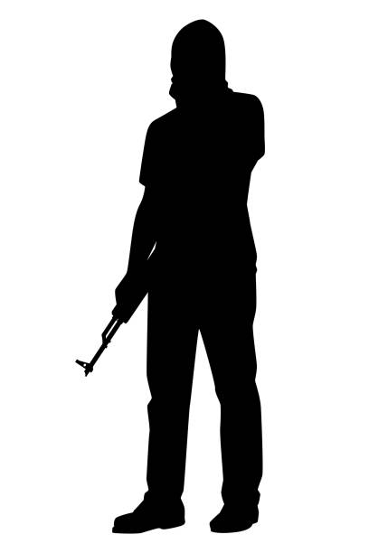 ilustrações de stock, clip art, desenhos animados e ícones de strong robber with assault rifle gun silhouette vector isolated on white background - gun rifle weapon ak 47