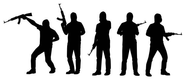 Strong robber with assault rifle gun silhouette vector isolated on white background Strong robber with assault rifle gun silhouette vector isolated on white background gunman stock illustrations