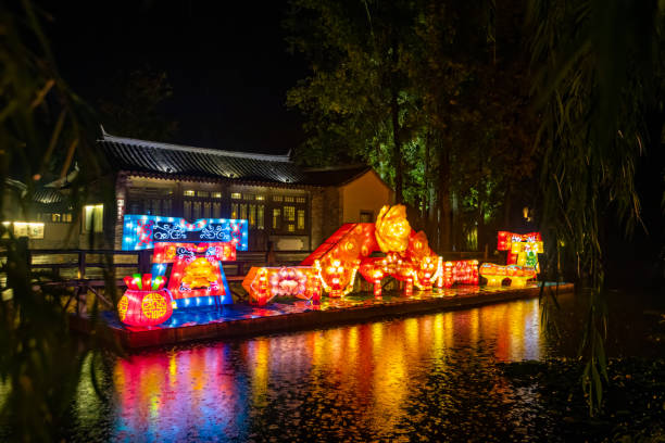Chinese retro style architecture. Classical garden. Gubei water town night view