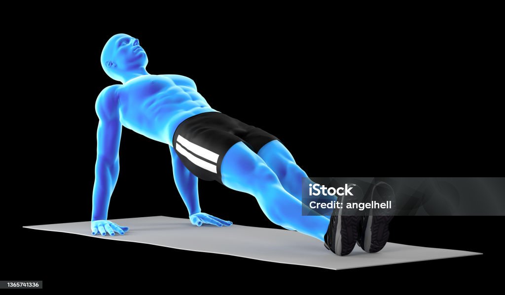 3D illustration of a fit man, doing reverse plank exercise 3D illustration of a fit man, doing reverse plank exercise. Muscles in Highlight. Great to be used in medicine works and health. Isolated on a black background. Yoga Stock Photo
