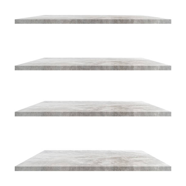 istock 4 concrete shelves table isolated on white background and display montage for product. 1365742304