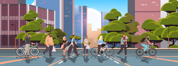 cyclists and pedestrians walking street people crossing road modern city street cityscape background cyclists and pedestrians walking street people crossing road modern city street cityscape background full length vector illustration pedestrian stock illustrations